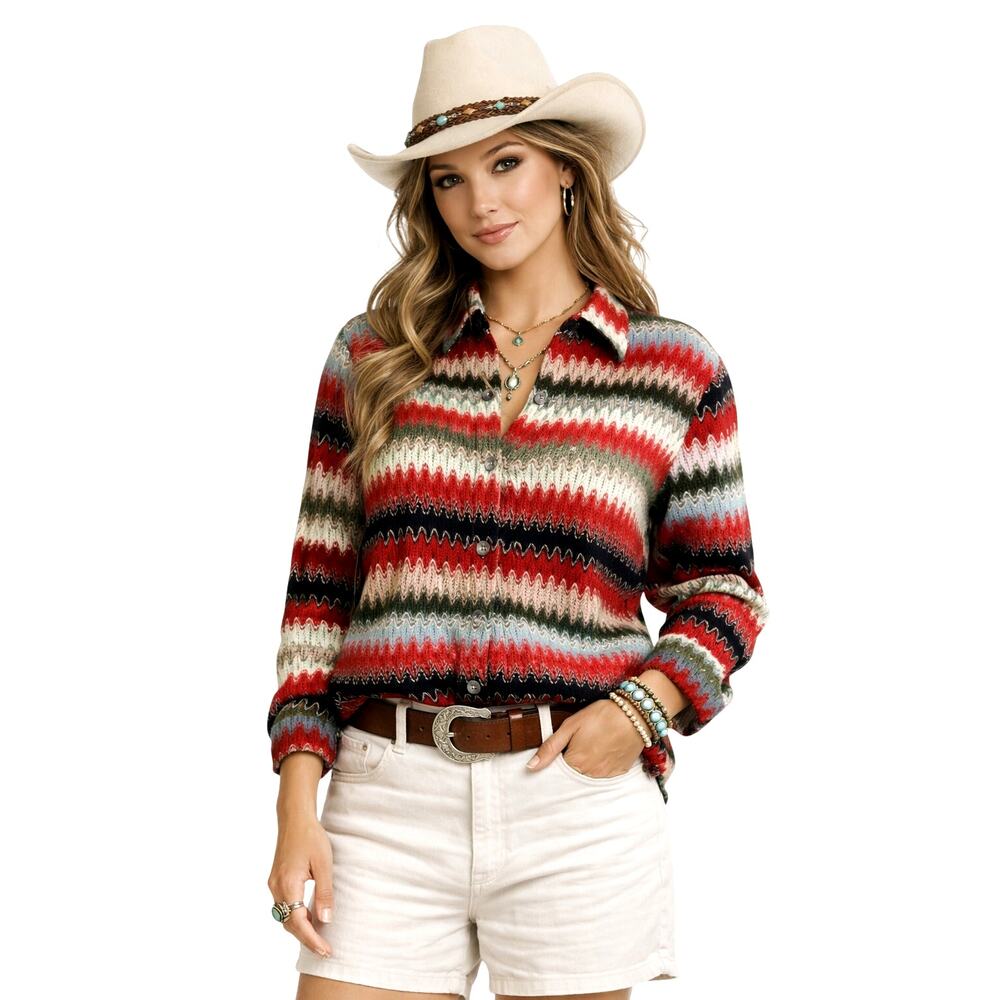 POL Size S Chevron Button Up Shirt Lightweight Jacket Boho Western Festival EUC